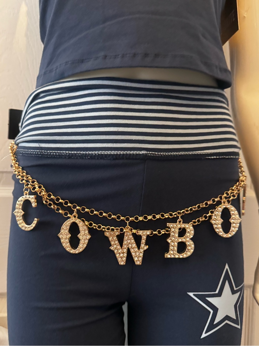 Cowboy spell out belt rhinestone chunky chain western chic cowgirl gold